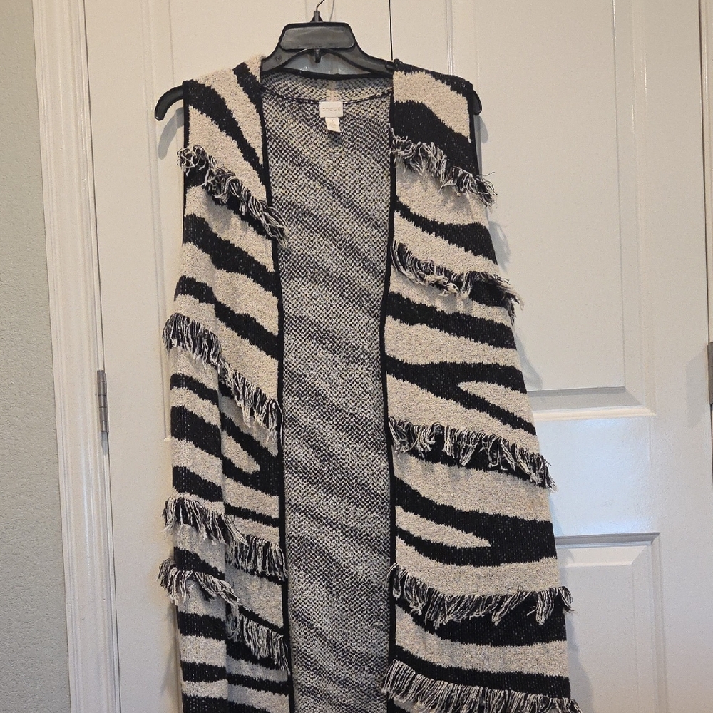 Chico's Black and Cream Fringe Zebra Knit Vest